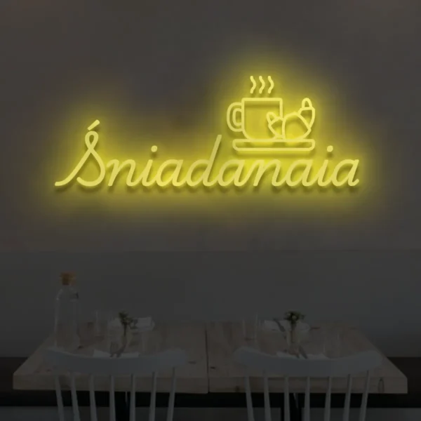 Żółty neon Śniadania z filiżanką i rogalikiem, ozdoba do nowoczesnych wnętrz