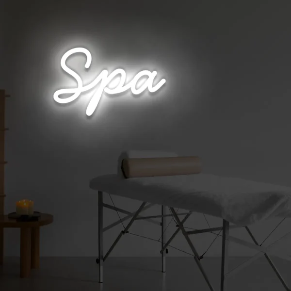Biały neon LED z napisem Spa na ścianie