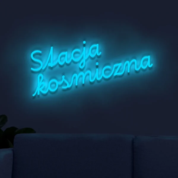 Niebieski neonowy napis Stacja kosmiczna świecąca dekoracja