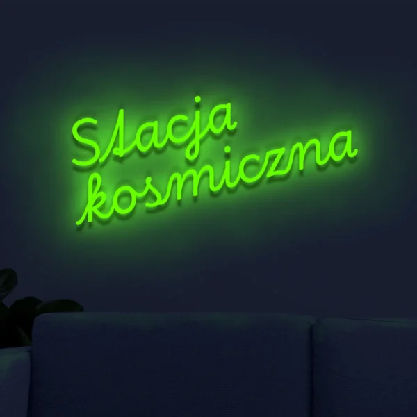 Zielony neonowy napis Stacja kosmiczna świecąca dekoracja ścienna