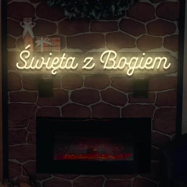 Beżowy neonowy napis Święta z Bogiem dekoracja świąteczna na ścianę