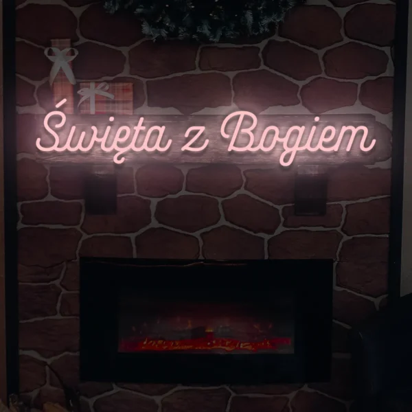 Jasnoróżowy neonowy napis Święta z Bogiem romantyczna dekoracja świąteczna