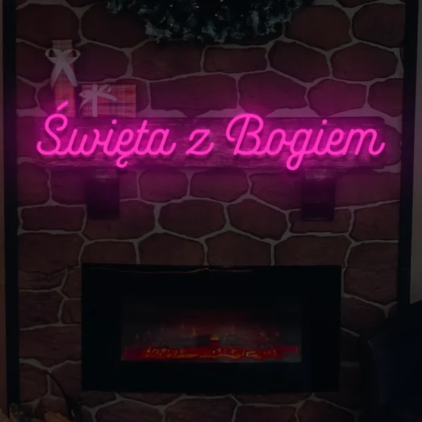 Różowy neonowy napis Święta z Bogiem dekoracja LED do domu