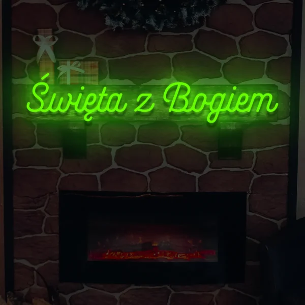 Zielony neon Święta z Bogiem świecący napis na ścianę