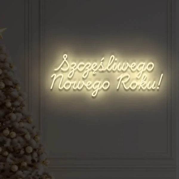 Beżowy neonowy napis Szczęśliwego Nowego Roku! świąteczna dekoracja