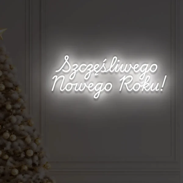 Biały neon LED z napisem Szczęśliwego Nowego Roku! na ścianie