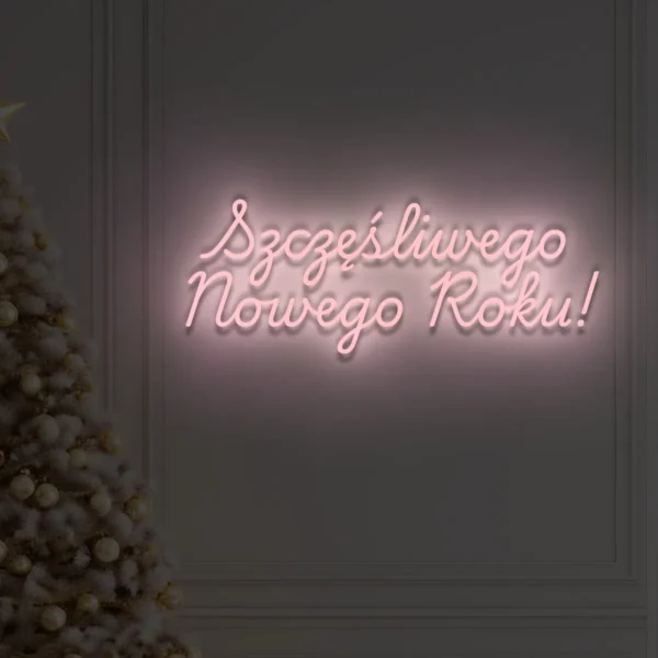 Jasnoróżowy neonowy napis Szczęśliwego Nowego Roku! dekoracja świąteczna