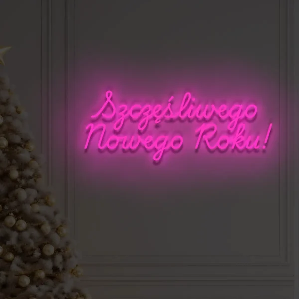 Różowy neonowy napis Szczęśliwego Nowego Roku! dekoracja na Nowy Rok