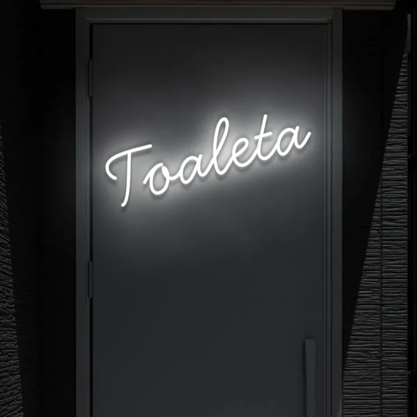 Biały neon LED z napisem „Toaleta” elegancki znak na ścianę