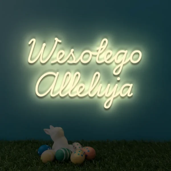 Beżowy neonowy napis Wesołego Alleluja wielkanocna dekoracja na ścianę
