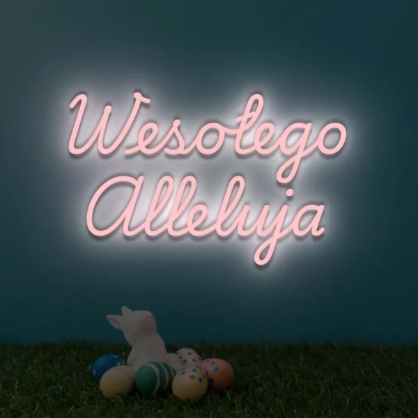 Jasnoróżowy neonowy napis Wesołego Alleluja dekoracja na Wielkanoc