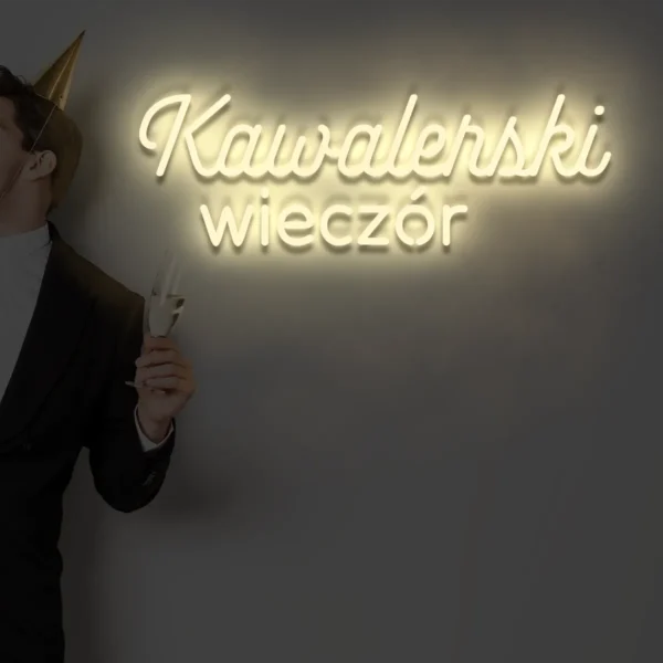 Beżowy neonowy napis Kawalerski wieczór dekoracja imprezowa na ścianę