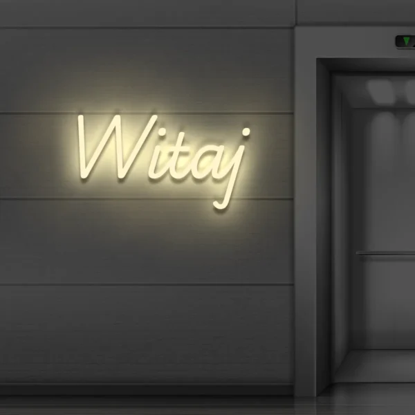 Beżowy neonowy napis „Witaj” elegancka dekoracja LED do wnętrz