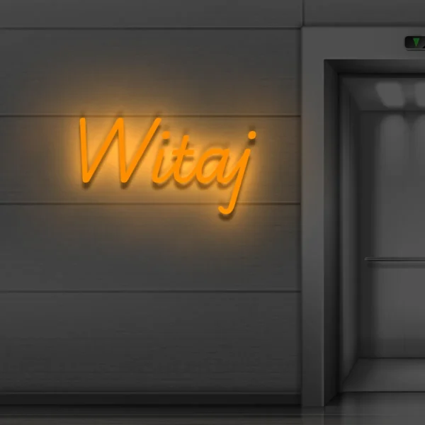 Pomarańczowy neon „Witaj” ciepły powitalny napis LED na ścianę