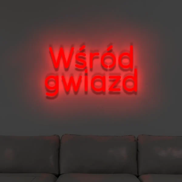 Czerwony świecący napis „Wśród gwiazd” ozdoba do wnętrz
