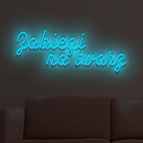 Niebieski neonowy napis Zabiegi na twarz świecąca dekoracja