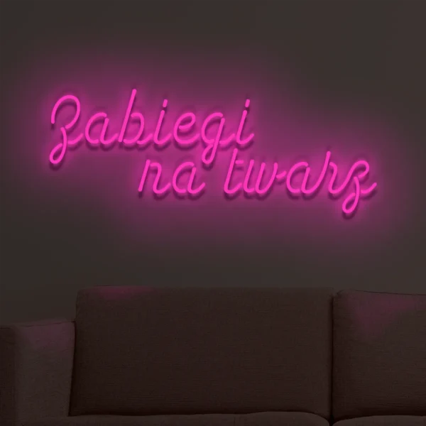 Różowy neon LED z napisem Zabiegi na twarz dekoracja wnętrza