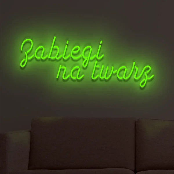 Zielony neonowy napis Zabiegi na twarz świecąca dekoracja ścienna