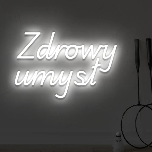 Biały neon LED z napisem Zdrowy umysł na ścianie