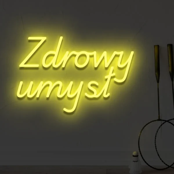 Żółty neonowy napis Zdrowy umysł dekoracja do salonu lub biura