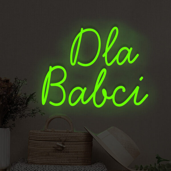 Zielony neon LED napis Dla Babci – świeży akcent do wnętrza