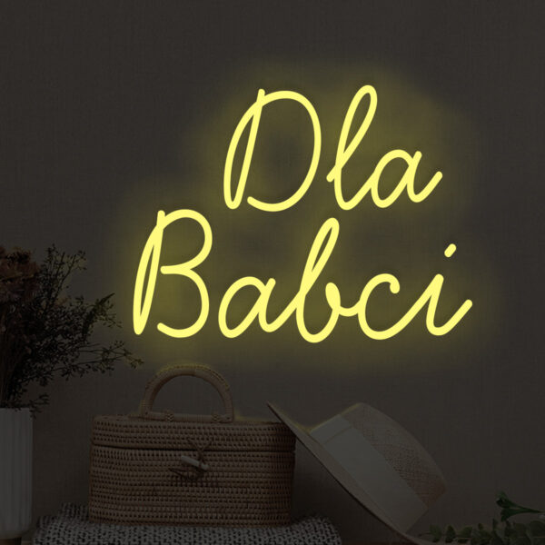 Żółty neon LED napis Dla Babci – ciepłe światło, dekoracja ścienna