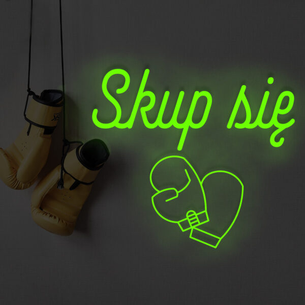 Zielony neon Skup się z ikoną rękawic bokserskich świecący napis