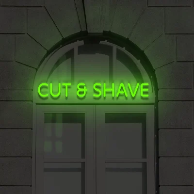 Zielony neon Cut & Shave świecąca dekoracja przy wejściu