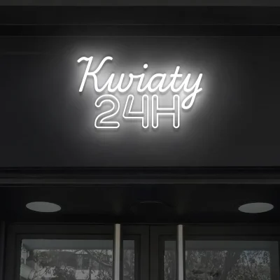 Biały neon LED Kwiaty 24H na czarnym tle