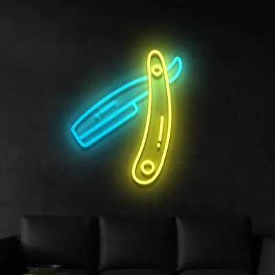 Neon Brzytwa Barber: Dwukolorowy symbol, idealny dla salonu fryzjerskiego męskiego.