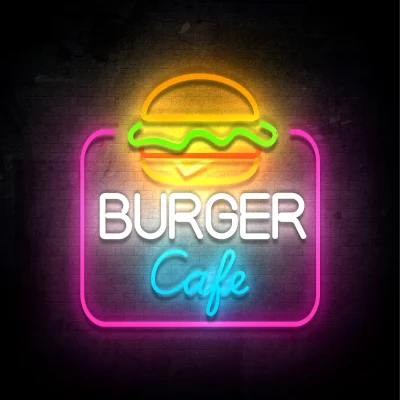 Neon logo – hamburger w okręgu z napisem burger cafe