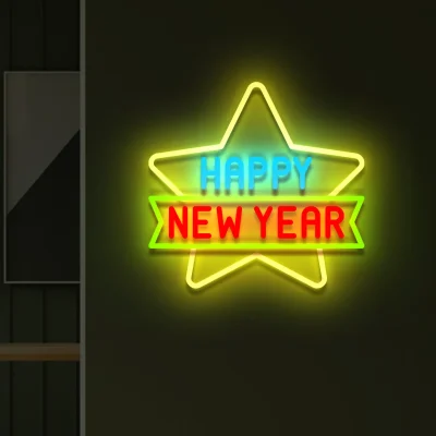 Neon Gwiazda z napisem Happy New Year w jasnym, świątecznym stylu