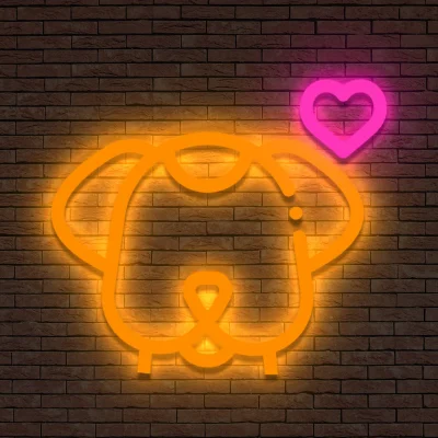 Neon Pies z Sercem: Pomarańczowy kontur głowy, różowe serce, na tle cegły.