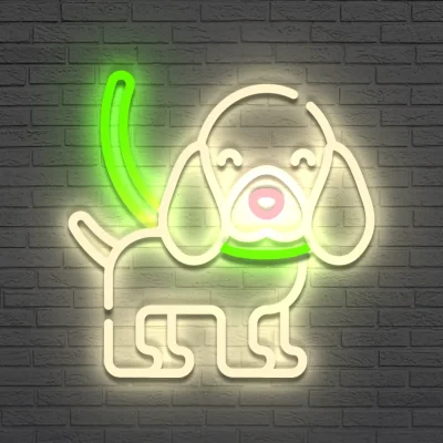 Neon Spaniel: Biały kontur psa, zielona obroża i smycz, różowy nos, na cegle.