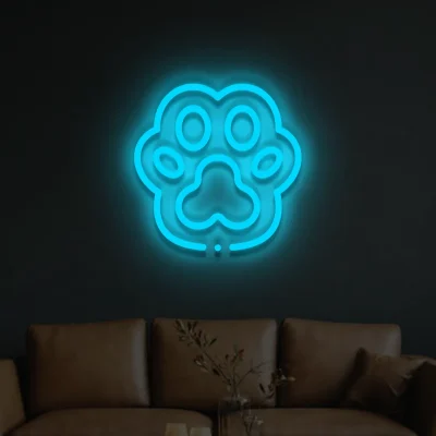 Neon Łapa: Niebieski świecący kontur odcisku, na tle cegły. Uniwersalny symbol.