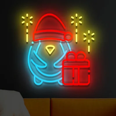 Świąteczny neon LED pingwin z prezentem na ścianę