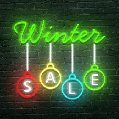 Neon Winter Sale z jasnym światłem i zimową atmosferą