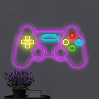 Neon PlayStation: Wielokolorowy kontroler, ikoniczny kształt, idealny znak dla gracza.