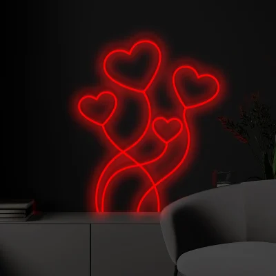 Czerwony neon LED z wieloma sercami jako dekoracja ścienna