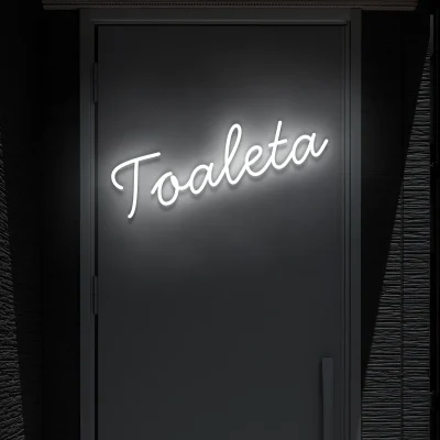 Biały neon LED z napisem „Toaleta” elegancki znak na ścianę