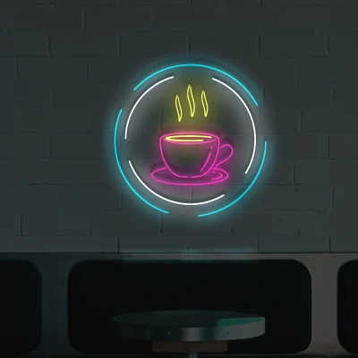 Różowo-błękitny neon filiżanka kawy w okrągłej ramce