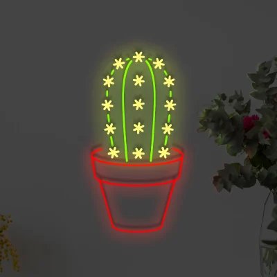 Neon kaktus z kwiatami – dekoracja ścienna z motywem natury
