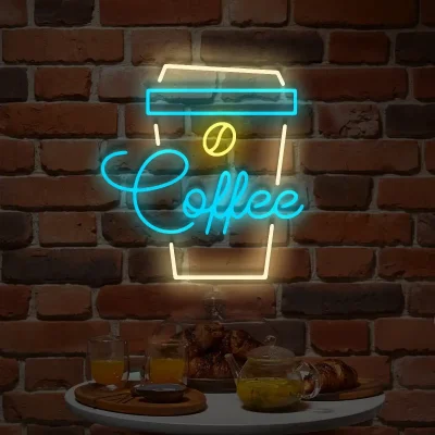 Kubek z kawą – neon w niebiesko-żółtych kolorach